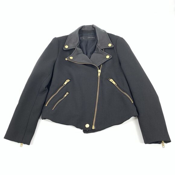 Zara Leather Collar Biker Jacket Size Large Womens Solid Black Gold Hardware L